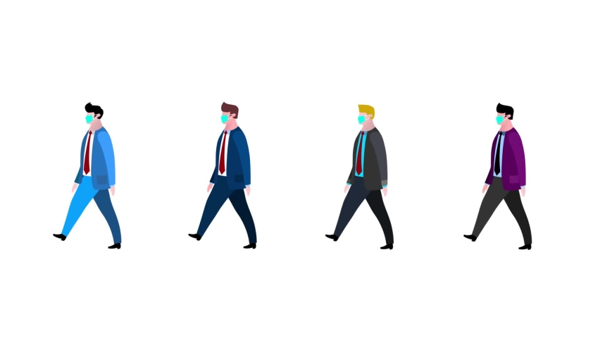 Four cartoon businessmen characters with medical masks. Walking, stopping and starting. Business people animated version. Business cartoon animations serie. Alpha channel included.