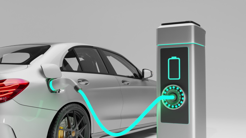 Electric car charging. Electric vehicle charging port plugging in car. Electric Car Charging Indicating the Progress of the Charging. 3d visualization Royalty-Free Stock Footage #1077248645