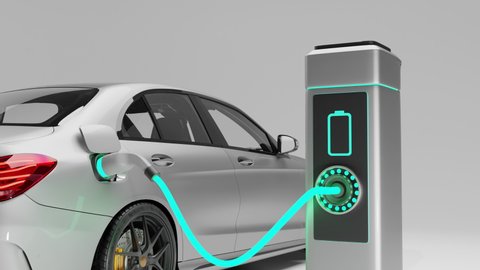 Electric car charging. Electric vehicle charging port plugging in car. Electric Car Charging Indicating the Progress of the Charging. 3d visualization