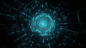 Infinite flight into cosmic web structure, abstract neon blue circle sci-fi tunnel. Futuristic VJ loop motion graphics for music video, night club concert, audio visual show background. Time warp port
