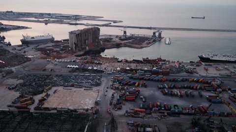 BEIRUT, LEBANON - AUGUST 04 2021:Aerial view of Beirut Port in memorial of massive blasts in Beirut