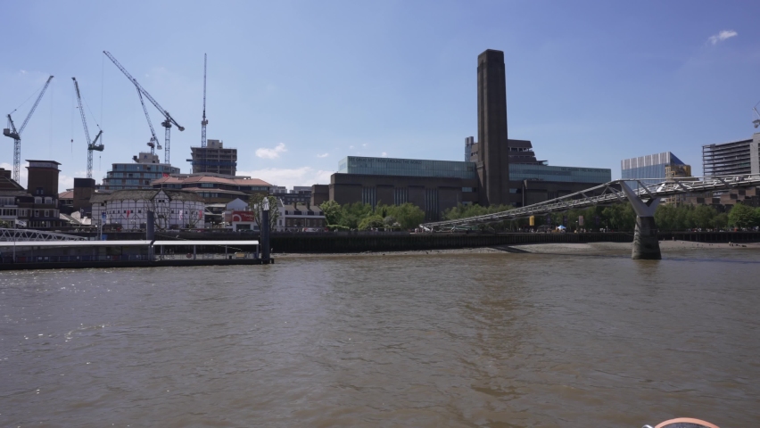 The Millennium Bridge and Tate Gallery from onboard River Thames cruise boat, London, England, United Kingdom, Europe