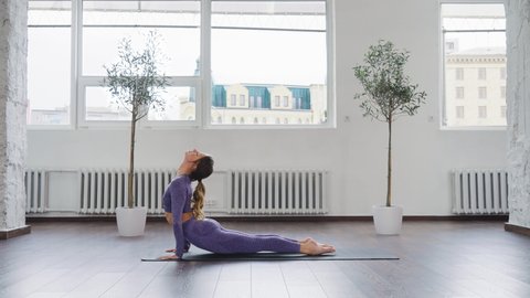 Young woman wearing sportswear practicing yoga in light studio with big windows and pot plants. Side view flexible female doing sports in the morning. Concept of healthy lifestyle