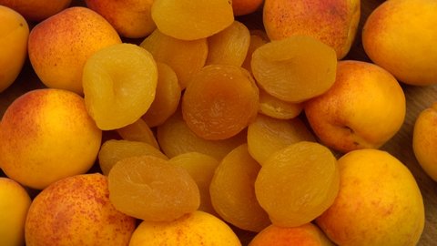 Dried apricots lie surrounded by fresh ripe apricots, background