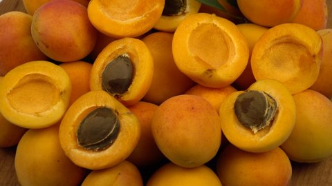 Ripe whole apricots and apricot halves with kernels inside lie on the green leaves of an apricot tree, background