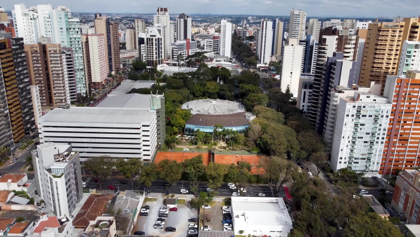 Curitiba, Brazil. Aerial landscape of landmark avenue and buldings of downtown city of Curitiba, state of Parana, Brazil. Skyline city. City skyline panoramic view. Famous place of Curitiba, Brazil.