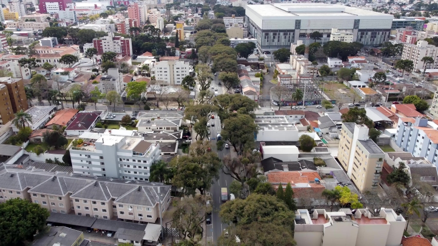 Arena da Baixada Football Field at Curitiba, Brazil. Aerial landscape of landmark Soccer Stadium of  downtown city of Curitiba, state of Parana, Brazil.  Athletico Football Club Stadium. Soccer Field.
