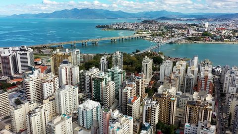 Florianopolis, Brazil. Aerial landscape of landmark avenue and buldings of downtown city of Florianopolis, state of Santa Catarina, Brazil.  Aerial landscape of island of Florianopolis, Brazil.