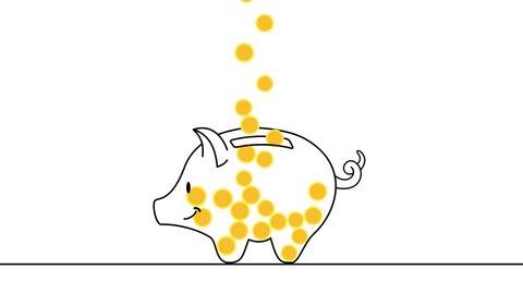 Coins fall into a piggy bank. The set includes dollars, euro, franc, bitcoin, yen (yuan, renminbi), sterling pound, noname coin. In and out animation with alpha channel