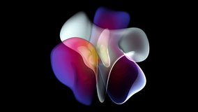 3d render of abstract art video loop animation with surreal alien flower in curve wavy organic biological lines forms in purple blue green and yellow gradient color on isolated black backgroound