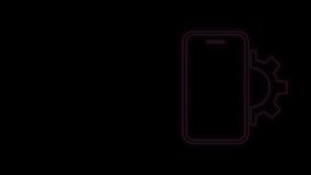 Glowing neon line Phone repair service icon isolated on black background. Adjusting, service, setting, maintenance, repair, fixing. 4K Video motion graphic animation.