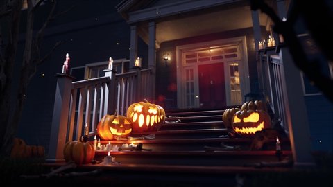 Halloween scary pumpkins on the yard. Holiday spooky pumpkin 