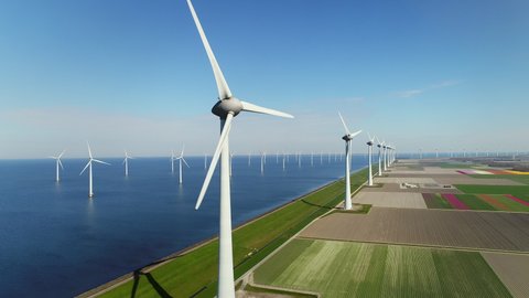 AERIAL WS Wind turbines in fields and sea , Urk, Flevoland, Netherlands