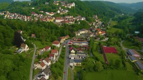 Aerial view of the city Egloffstein in Germany, on a sunny day in spring.