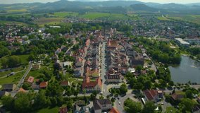 Aerial view of the city Kemnath in Germany, on a sunny day in spring.