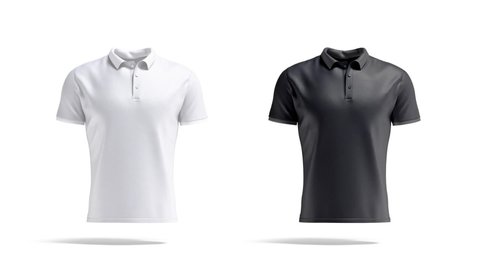 Blank black and white man polo-shirt mockup, looped rotation, 3d rendering. Empty male casual t shirt mock up rotating, isolated. Cleat fabric classic poloshirt with button and collar template.