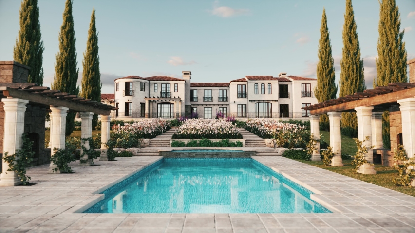 Luxury residence with a beautiful garden. Old Italian villa. 3d visualization Royalty-Free Stock Footage #1077291155
