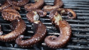 The octopus is cooking at grill . . Food video close up. paning rigth to left.