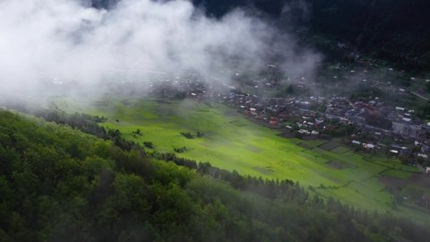 Aerial: Mestia township in Zemo Svaneti, Georgia Caucasus Mountains, 4K view