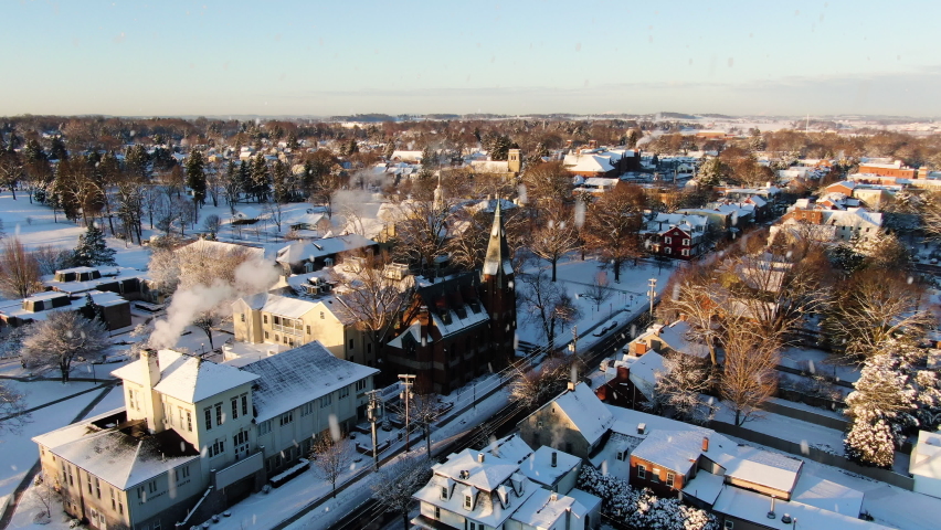AERIAL Orbital, American Township Of Lititz, Pennsylvania During Snowfall