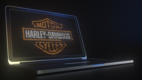 Portable computer with the logo of HARLEY-DAVIDSON made with code strings, editorial conceptual 3d animation