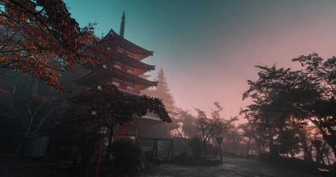 Sunrise timelapse of Chureito Pagoda with cloud at dawn, Japan.