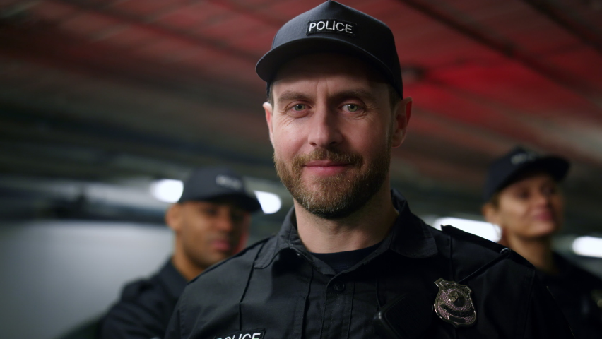 Portrait Police Officer Smiling Camera 