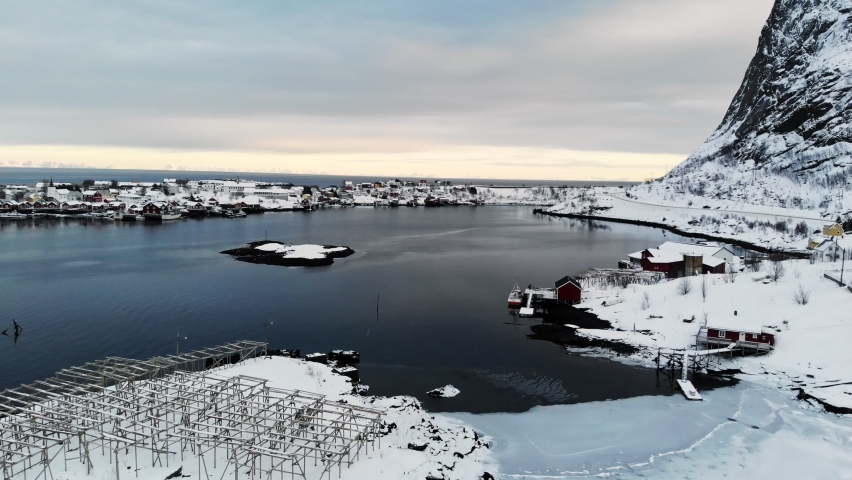 Aerial view of Fishing village in valley on winter at Lofoten islands