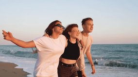 Side view of a group of young friends enjoying time in the sunset on a tropical beach, embracing, laughing and walking. Slow motion. - Powered by Shutterstock - Get 15% off with code: PIKWIZARD15