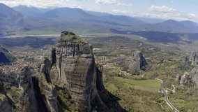 Aerial, Meteora Monasteries, Greece. Graded and stabilized version.