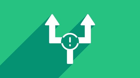 White Arrow icon isolated on green background. Direction Arrowhead symbol. Navigation pointer sign. 4K Video motion graphic animation.