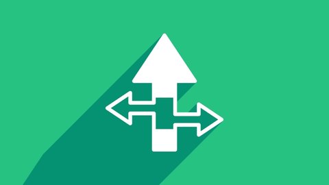 White Arrow icon isolated on green background. Direction Arrowhead symbol. Navigation pointer sign. 4K Video motion graphic animation.