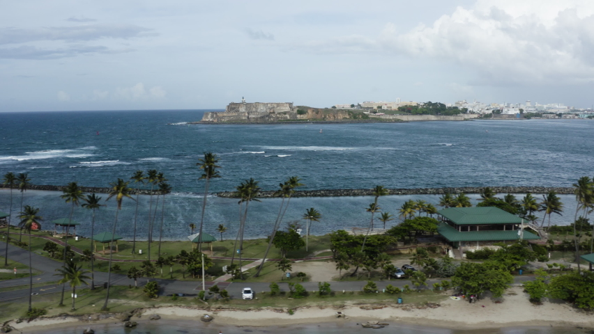 Smooth trucking shot over Isla de Cabra in Puerto Rico - Former leper colony and fortress now a recreation area.