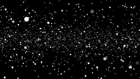 Many white glitter bokeh circles moving fast outward on black background (seamless loop)