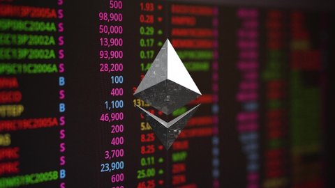 Ethereum symbol spinning in front of cryptocurrency market data. 3D Render ETH (Ether) icon.