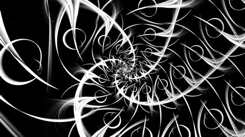 Fractal spiral lines rotating around centre, forming tunnel at dark background. Black and white abstract volute backdrop with curved particles moving helically. 4K UHD 4096x2304 ultra high definition