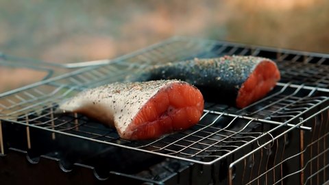 Steak Of Fresh Fish Is Fried Grill.Fried Grill Salmon With Spice.Roast Healthy Food.Smoked Grilled Salmon Fillets.Fish Cooked On Grill.Fresh Salmon Fried On Grill With Seasoning.Trout Being Grilled.