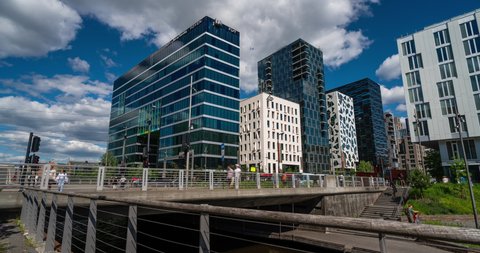 Oslo, Norway - June 12 2021: Time Lapse of the Barcode buildings in central Oslo