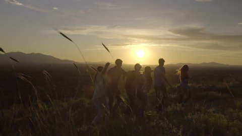 Group Of Wild Teens Dance Through A Field At Sunset, Mountains In Background (Slow Motion)
