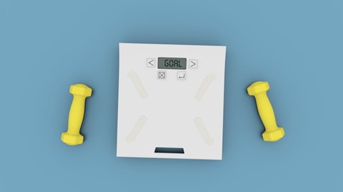 Stop motion animation of the weight scale and pair of the yellow dumbbells on the blue flat layer. Weight loss concept with measure and checking body mass after exercise and diet active lifestyle.