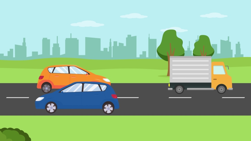 Animated cartoon design of traffic on the highway with moving car and truck. Cartoon in 4k resolution