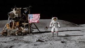 Astronaut jumping on the moon and saluting the American flag. Some Elements of this video furnished by NASA.