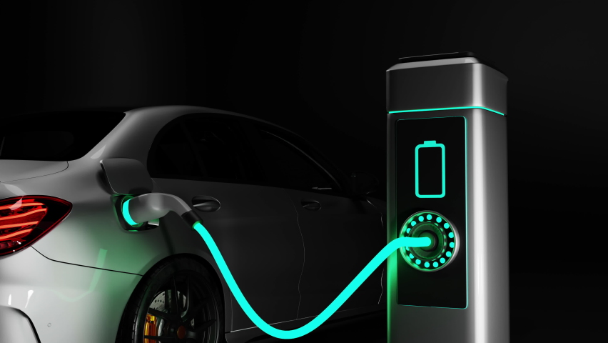 Electric car charging. Electric vehicle charging port plugging in car. Electric Car Charging Indicating the Progress of the Charging. 3d visualization Royalty-Free Stock Footage #1077372080