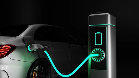 Electric car charging. Electric vehicle charging port plugging in car. Electric Car Charging Indicating the Progress of the Charging. 3d visualization
