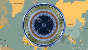Compass with a rotating arrow on the background of the geographical map of the world, as a symbol of travel around the world and geographic discoveries. Closeup - Powered by Shutterstock - Get 15% off with code: PIKWIZARD15