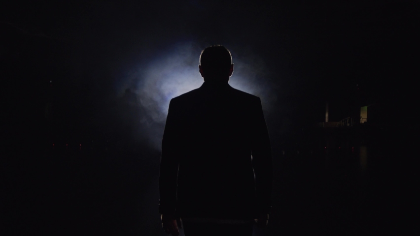 Silhouette of a man in a suit leaves the stage 4K. Mystical atmosphere, smoke, spotlight. Person in the dark Royalty-Free Stock Footage #1077373001
