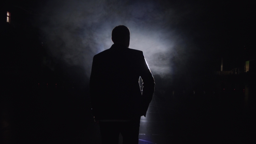 Silhouette of a man in a suit leaves the stage 4K. Mystical atmosphere, smoke, spotlight. Person in the dark | Shutterstock HD Video #1077373001