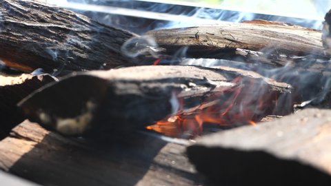 Close up of a fire burning logs for a barbecue or braai