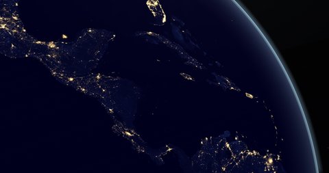 Central america continent in the earth planet at night rotating from space