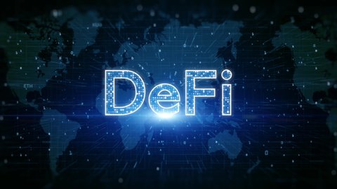 DeFi Decentralized finance is a blockchain-based form of finance not rely on central financial intermediaries, Technology future digital money exchange background.